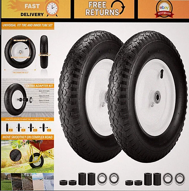 Heavy-Duty 4.80/4.00-8" Wheelbarrow Tire & Inner Tube Set, Non-Slip, Bearings In